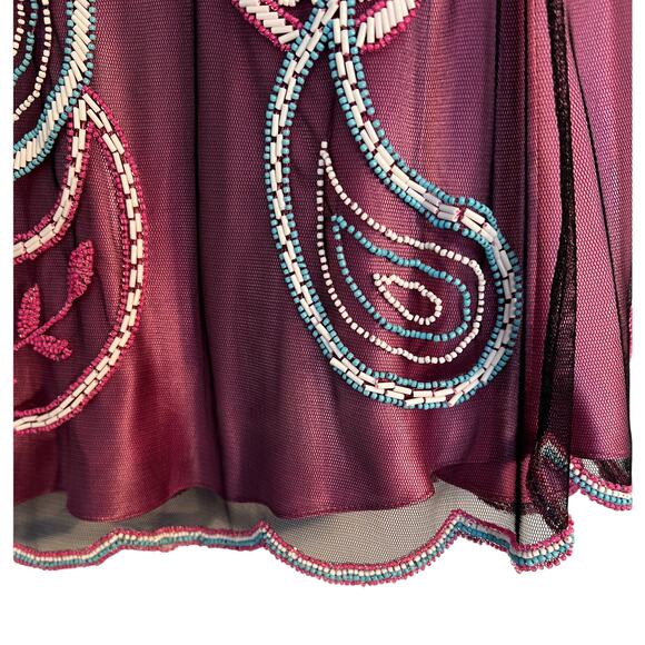 Kay Unger Women's Skirt Size 8 Burgundy Embroidered Beaded Paisley Sheer Lined - Picture 6 of 11